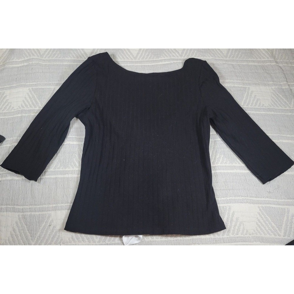 Free People Black Ribbed Knit Bow Front Top Large 3/4 Sleeve
